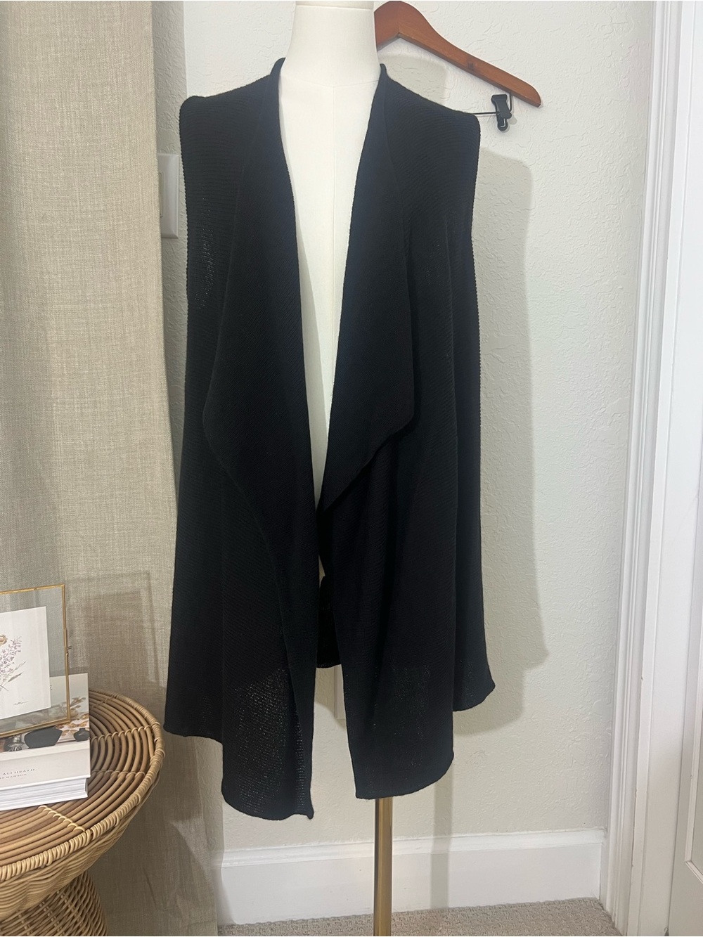 Eileen Fisher Large Black Open Front Draped Cardigan Wool Sweater Small Hole
